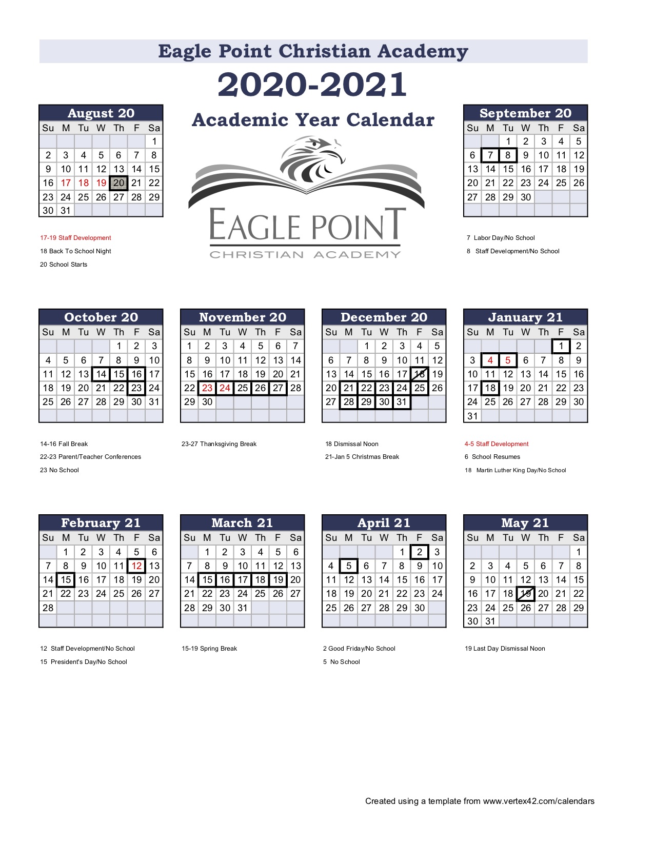 Academic Calendar Eagle Point Christian Academy